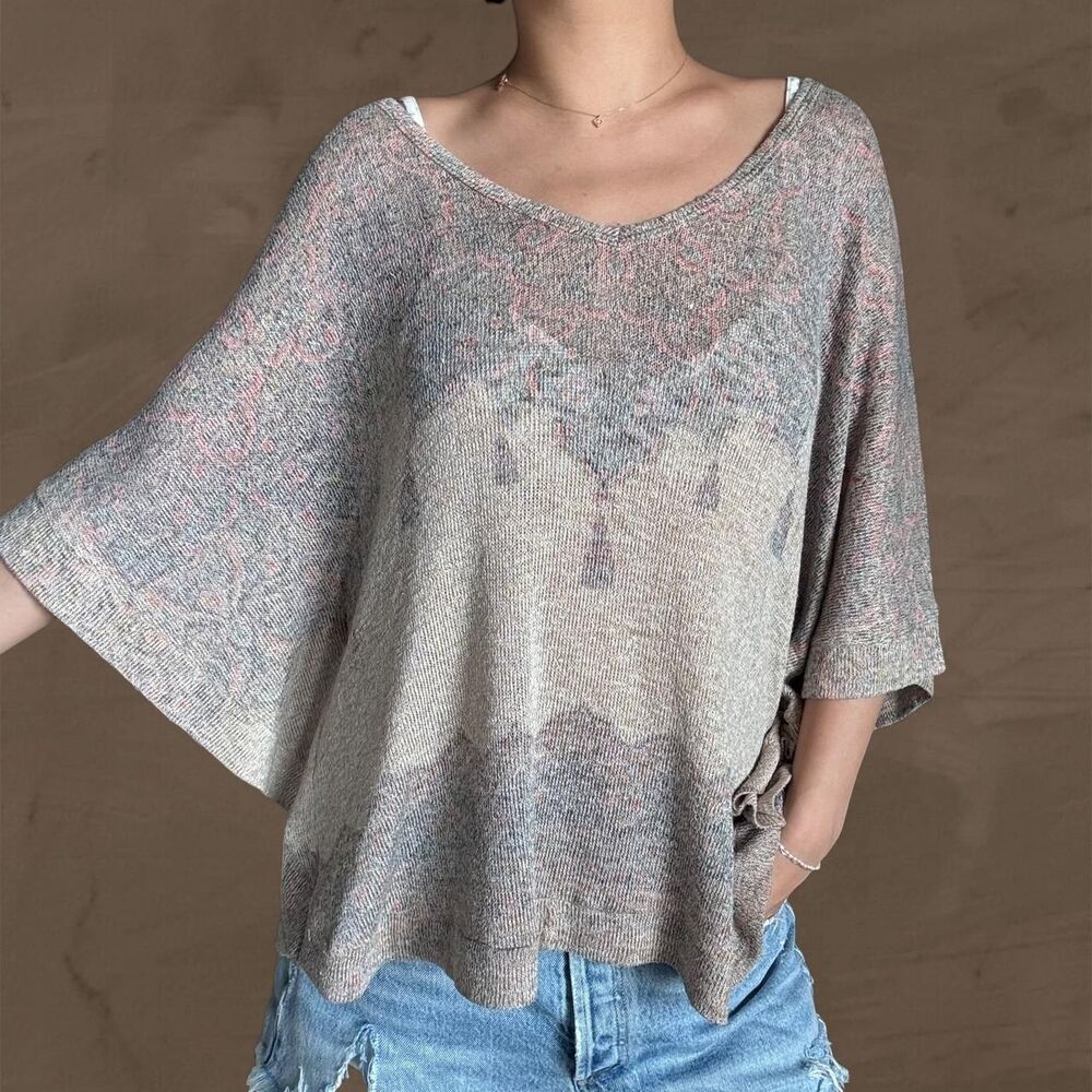 blue bird knit poncho boho size medium beige gray patterned